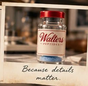 Polaroid of a Walter's Peptides vial, captioned: Because details matter.