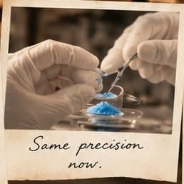 Polaroid of gloved hands weighing blue powder, captioned: Same precision now.