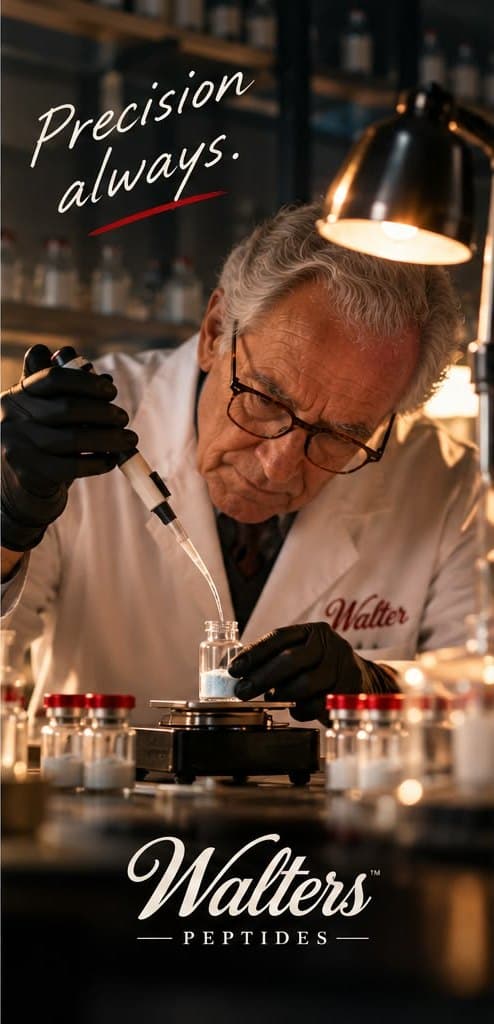 Walter pipetting into a vial on a precision scale. Precision always.