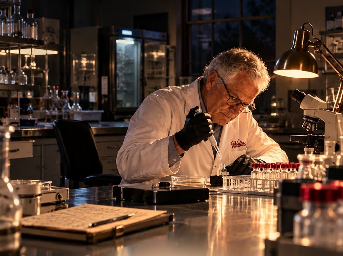 Walter working alone under a desk lamp in the darkened lab late at night, pipetting into a vial