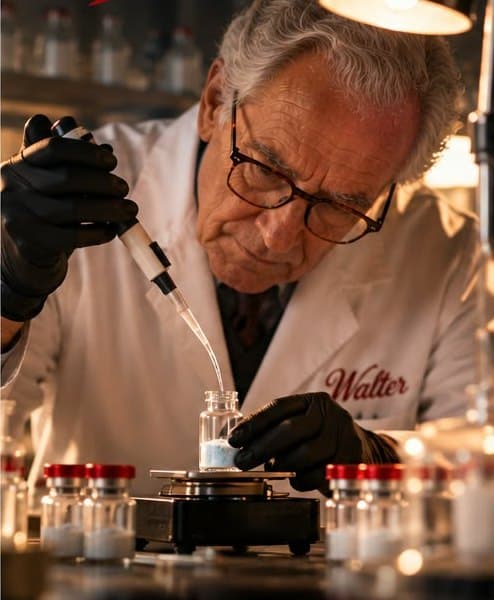 Walter today, carefully pipetting into a vial on a precision scale