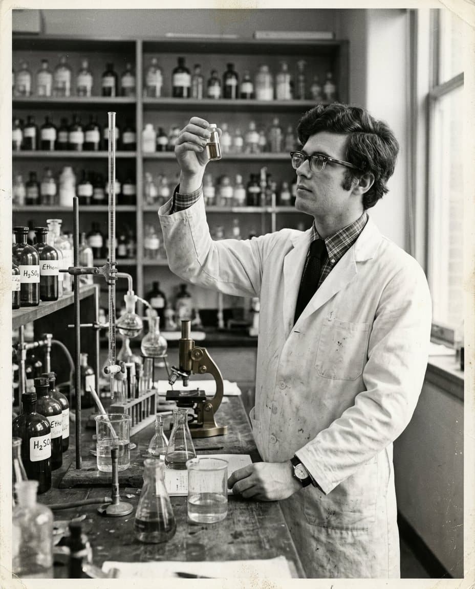 An archival black and white photo of a young Walter at his laboratory bench
